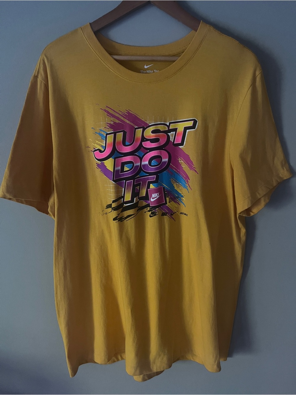 Nike Yellow Short Sleeve Tee with Multicolor 'Just Do It' Graphic
